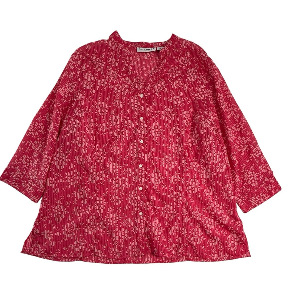 Sagβ Harbor Women's Pink Floral Button-Up Blouse Semi-Sheer Plus Size 1X